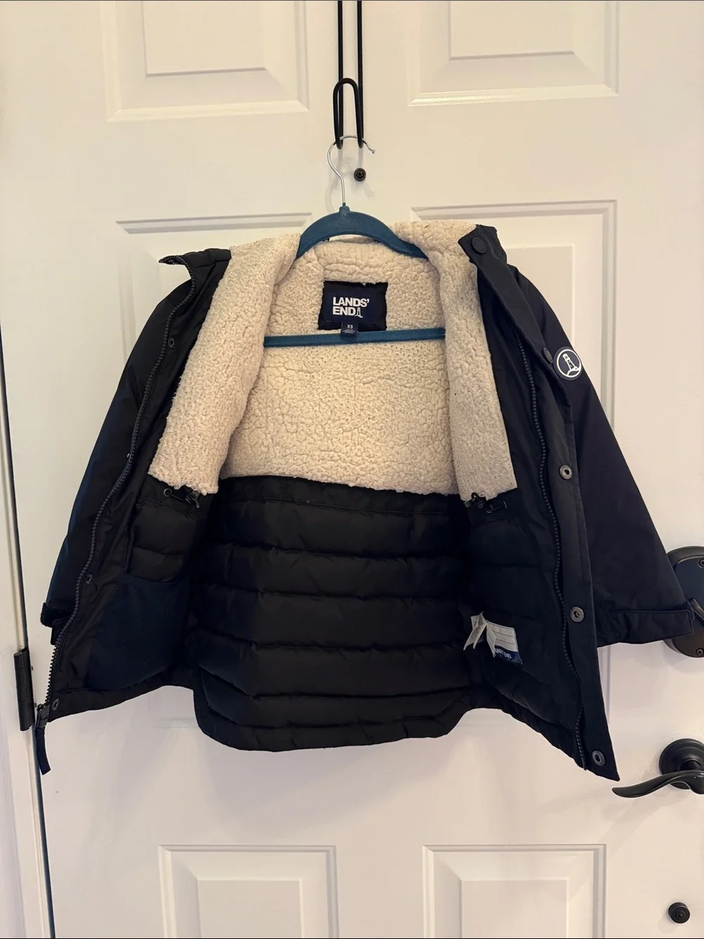 Lands' End Kids Black Hooded Puffer Jacket with Sherpa Lining Unisex